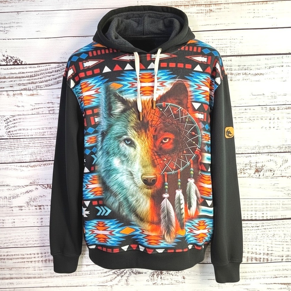 Southwestern Wolf Hoodie Native Fashion M Black 100% Cotton Aztec Geometric